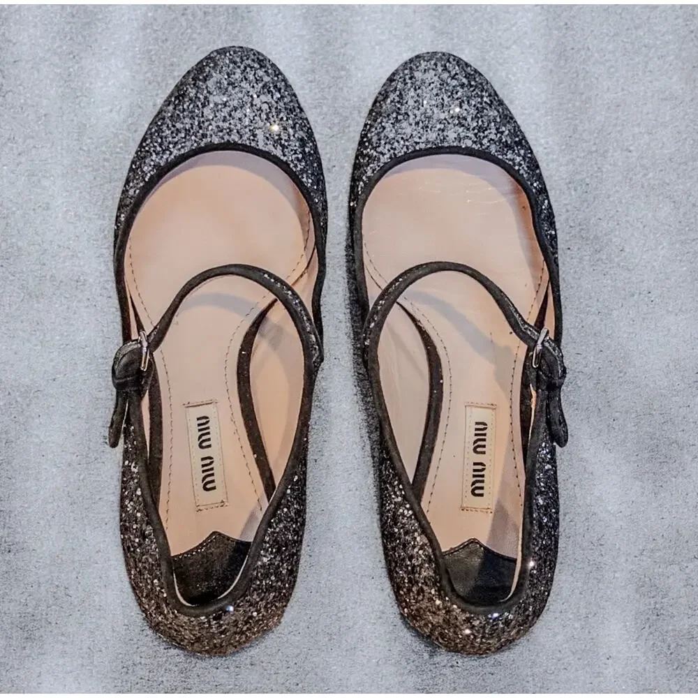 Miu Miu Glitter Mary Jane Low Heel Pumps EU 36 Silver Gray Made in Italy
